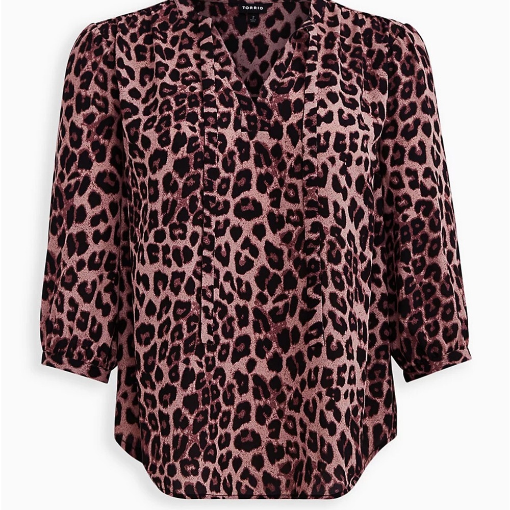 Torrid Georgette Tie Neck Peasant Blouse Lightweight Leopard 3/4 Sleeve Size 2